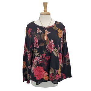 Womens Floral Chiffon Trim Open Tie Back Sweater Plus Size 1X Black Wallpaper